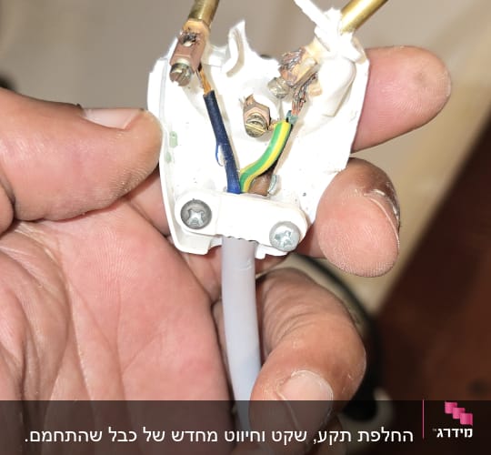 תקע חשמלי פתוח עם חוטים חשופים ביד